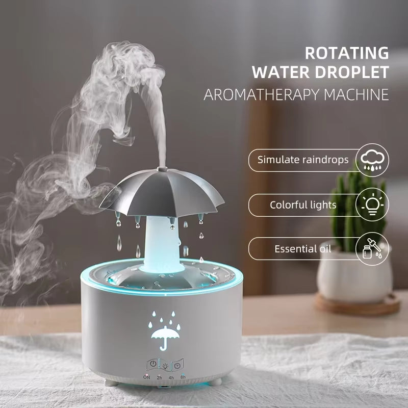 Creative Umbrella Water Drop Air Humidifier and Aromatherapy Diffuser with Colorful Raindrop Light