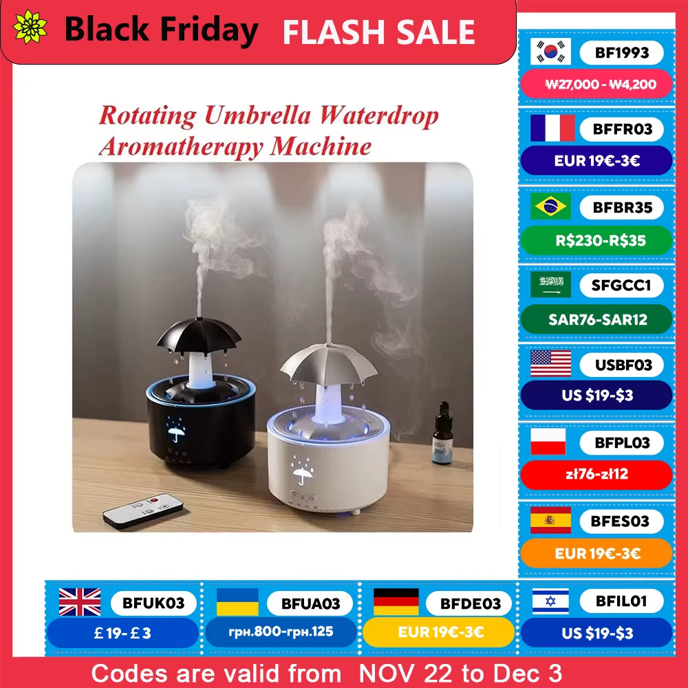 Creative Umbrella Water Drop Air Humidifier and Aromatherapy Diffuser with Colorful Raindrop Light